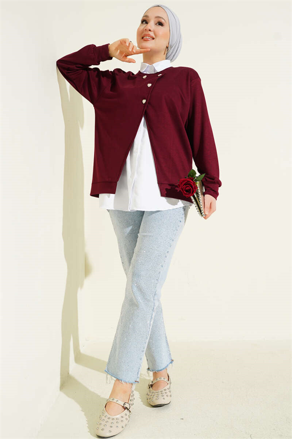 2 Piece Set: Shirt and Buttoned Cardigan, Burgundy