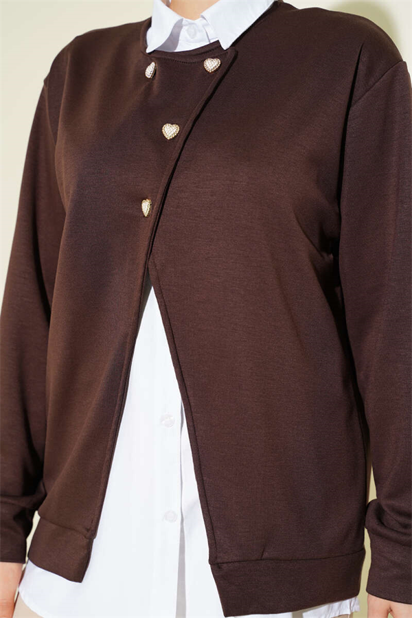 2 Piece Set: Shirt and Buttoned Cardigan, Coffee color.