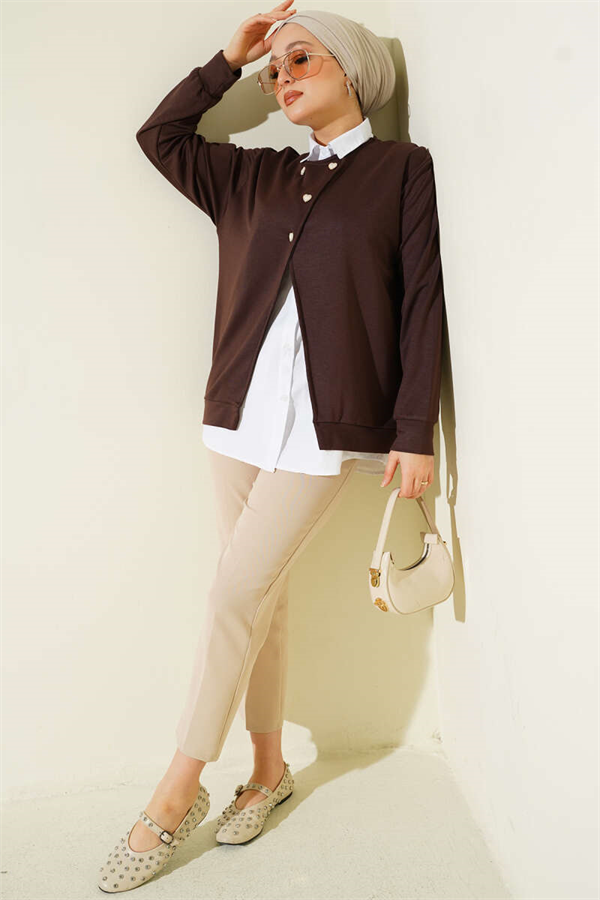2 Piece Set: Shirt and Buttoned Cardigan, Coffee color.