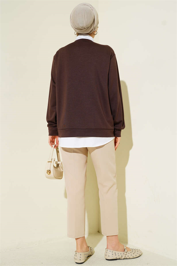 2 Piece Set: Shirt and Buttoned Cardigan, Coffee color.
