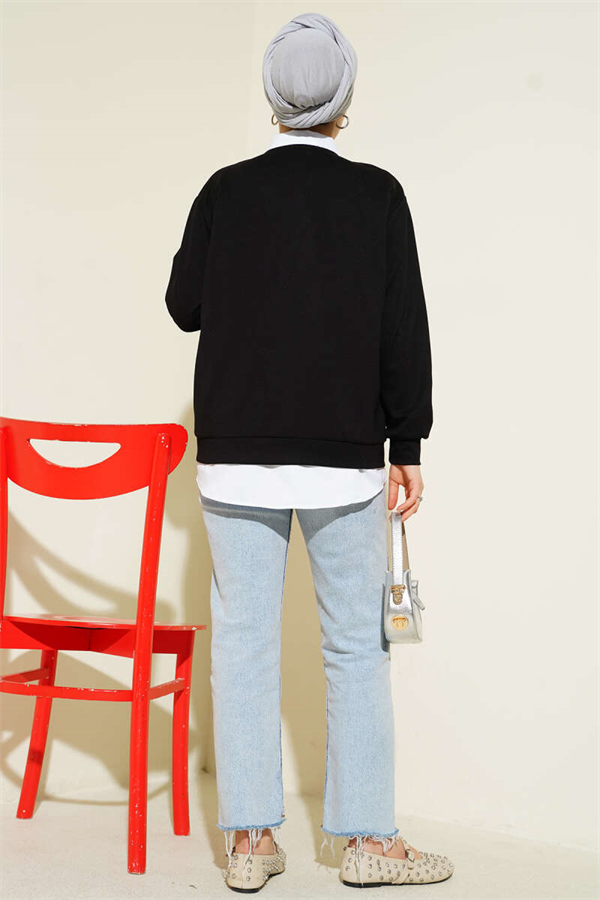 Shirt and Buttoned Cardigan 2 Piece Set, Black