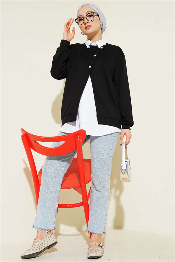 Shirt and Buttoned Cardigan 2 Piece Set, Black