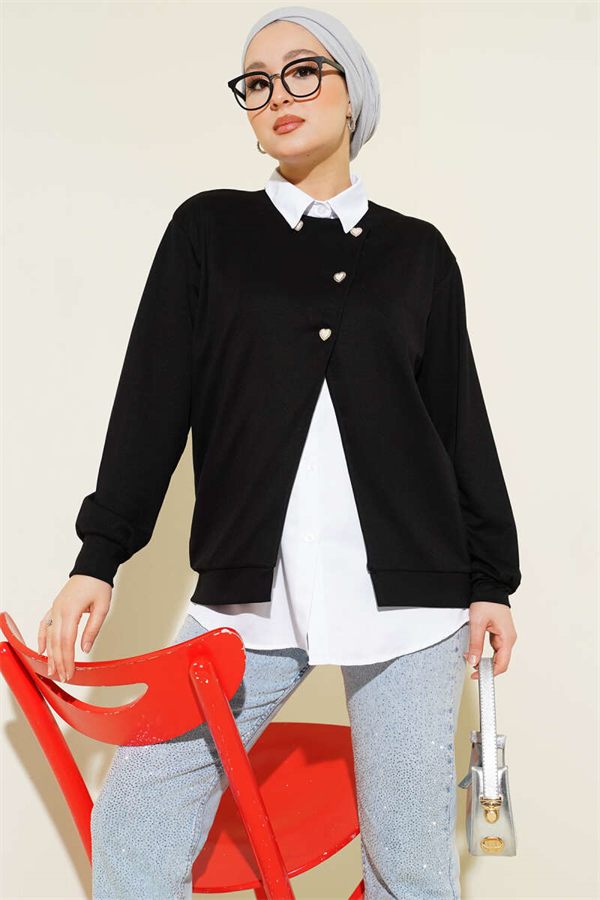 Shirt and Buttoned Cardigan 2 Piece Set, Black