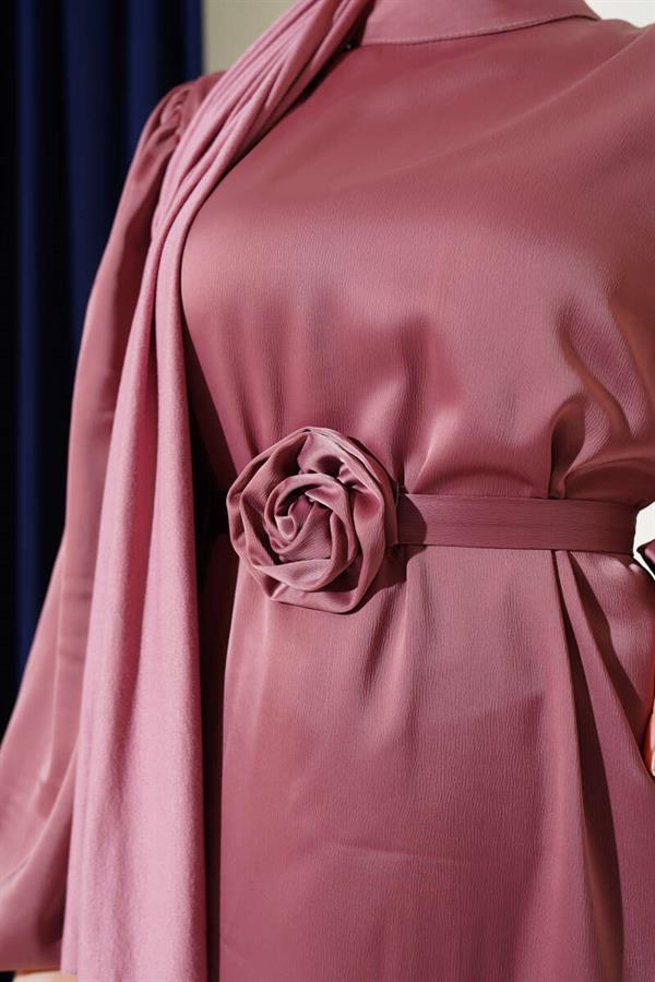 Balloon Sleeve Satin Dress with Rose Accessory Dusty Rose