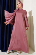 Balloon Sleeve Satin Dress with Rose Accessory Dusty Rose