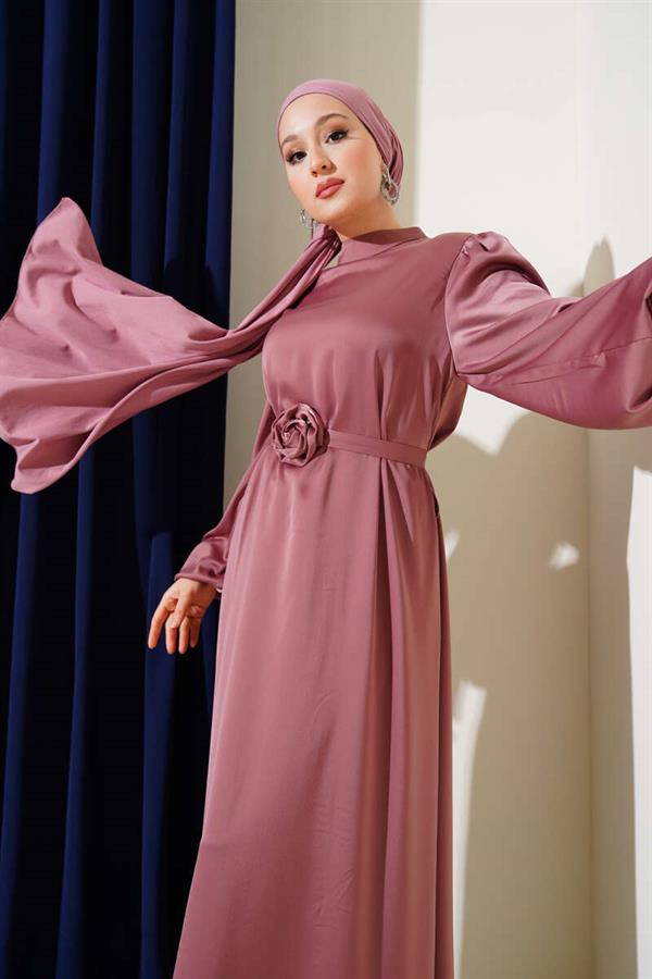 Balloon Sleeve Satin Dress with Rose Accessory Dusty Rose