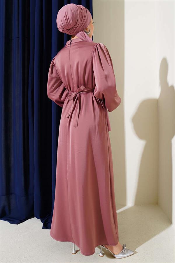 Balloon Sleeve Satin Dress with Rose Accessory Dusty Rose
