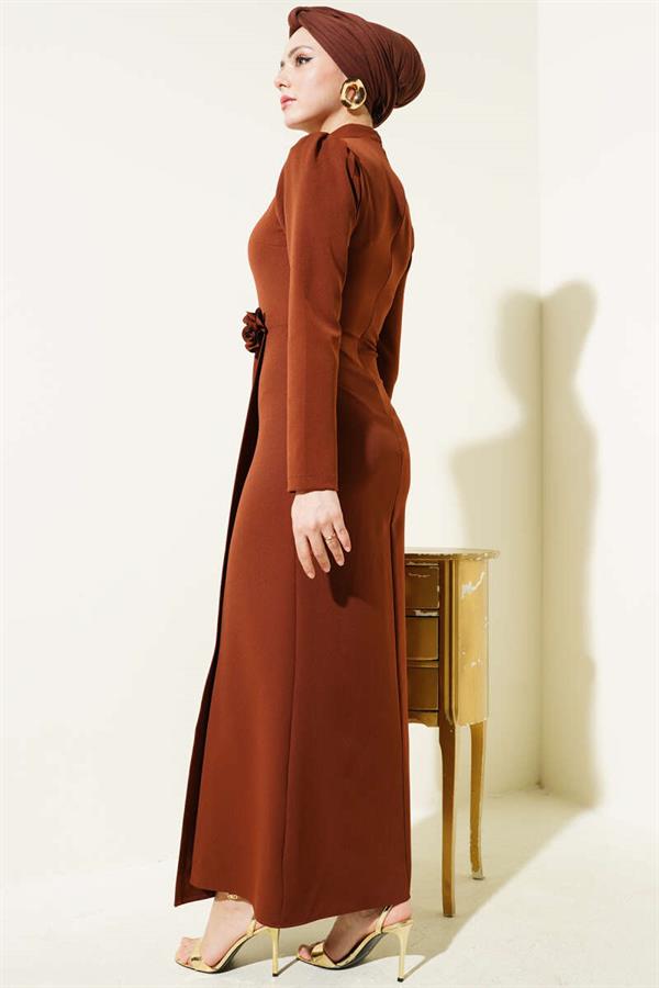 Pleated Waist Dress with Rose Accessory, Brown