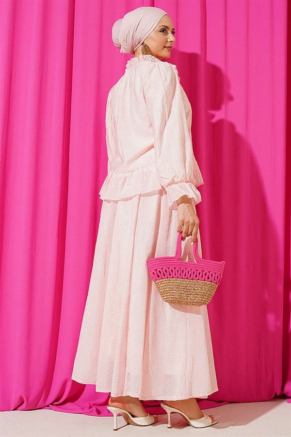 Pink 2 Piece Set with Ruffled Skirt and Rose Accessories