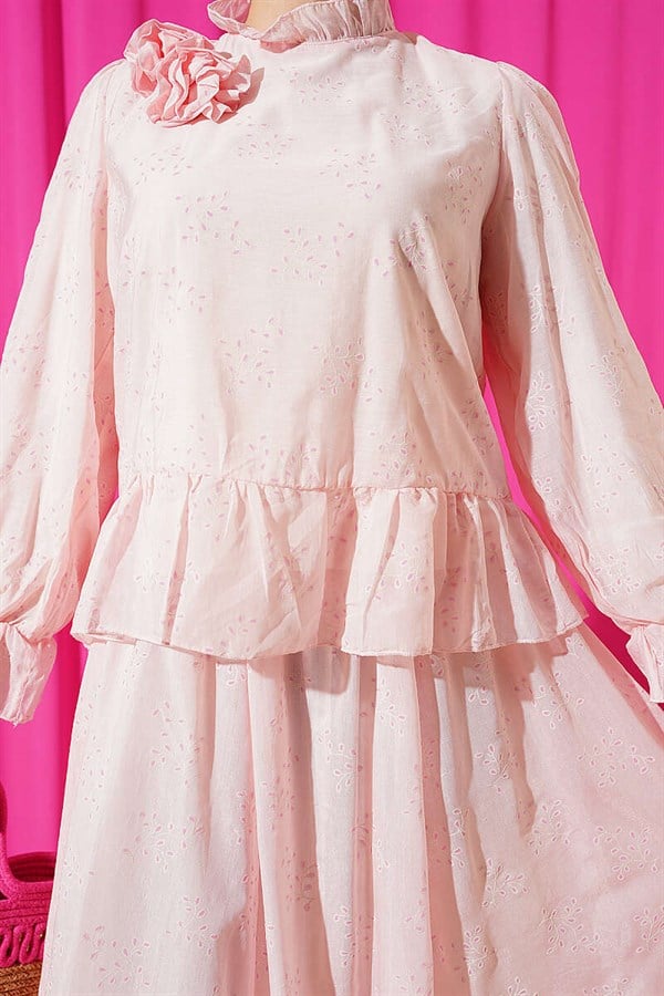 Pink 2 Piece Set with Ruffled Skirt and Rose Accessories