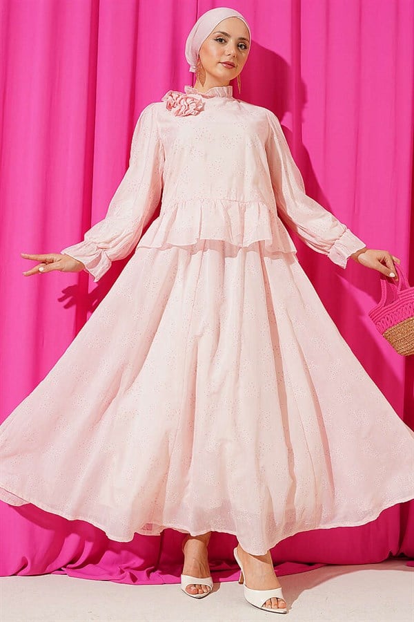 Pink 2 Piece Set with Ruffled Skirt and Rose Accessories