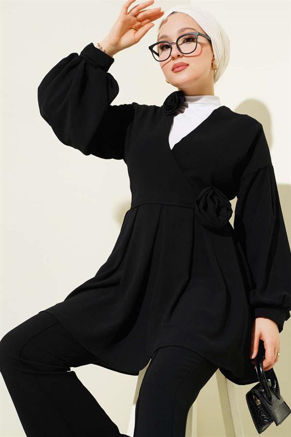 Pleated Tunic 2 Piece Set with Rose Accessories Black
