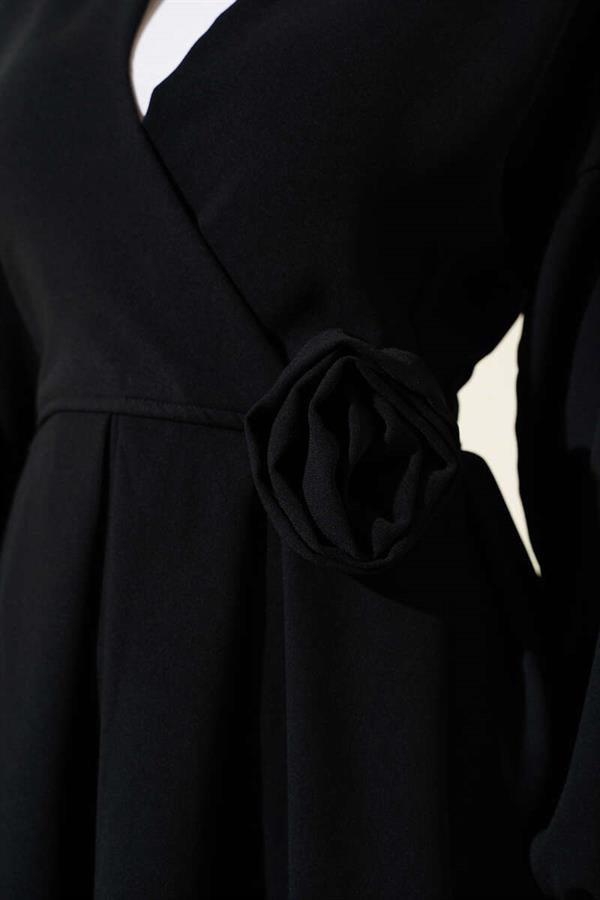 Pleated Tunic 2 Piece Set with Rose Accessories Black