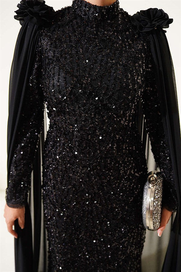 Black Sequin Evening Dress with Rose Accessory