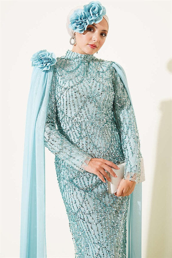 Sequined Evening Dress with Rose Accessories, Mint
