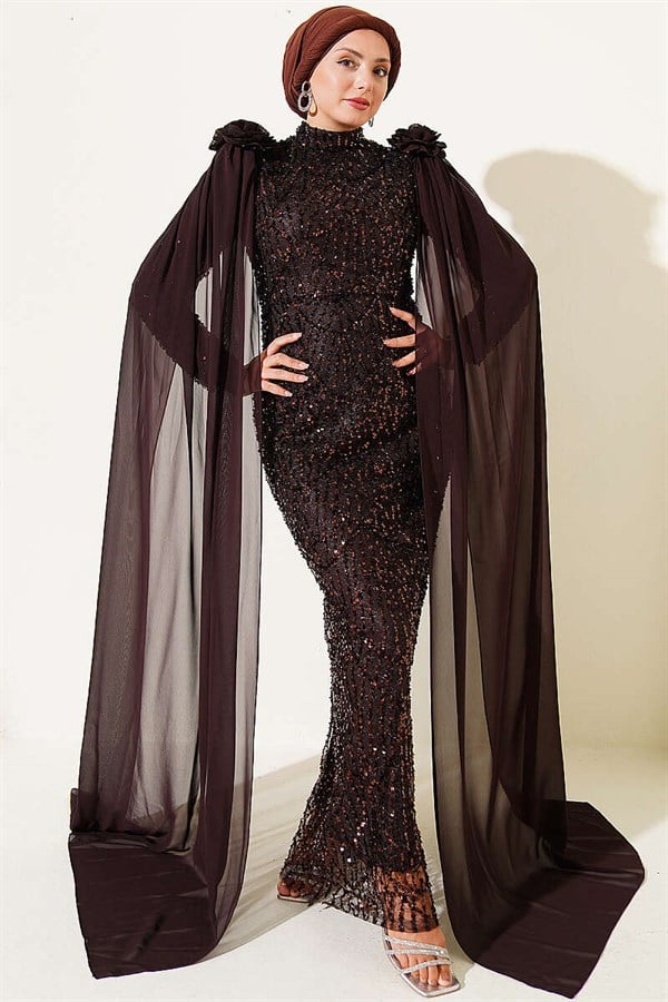 Rose Accessory Sequin Embellished Evening Dress in Brown