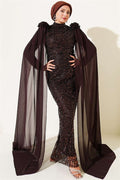Rose Accessory Sequin Embellished Evening Dress in Brown