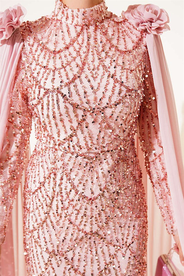 Powder Pink Sequin Evening Dress with Rose Accessories