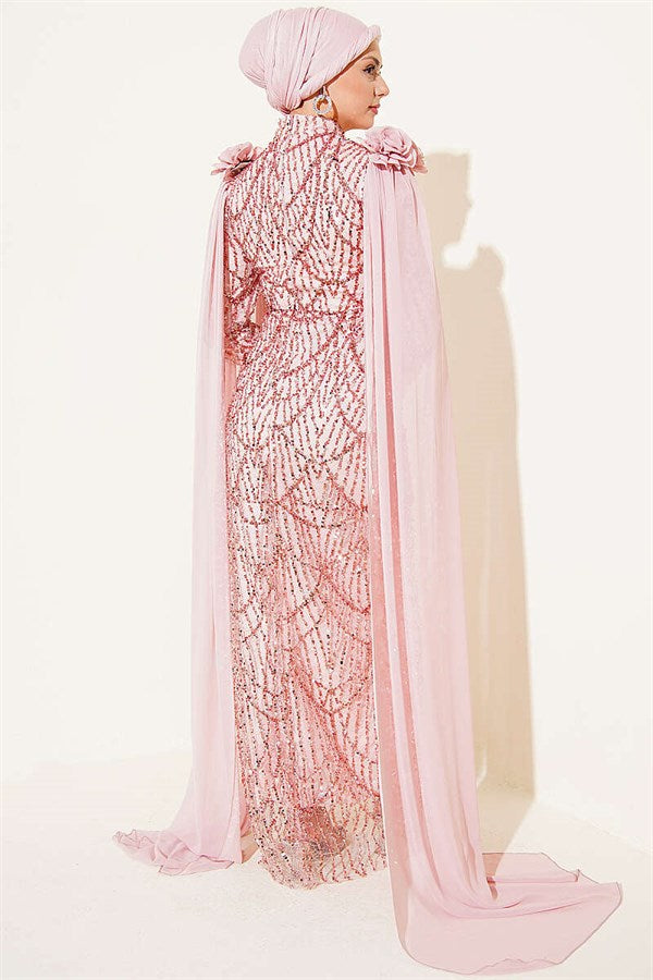 Powder Pink Sequin Evening Dress with Rose Accessories