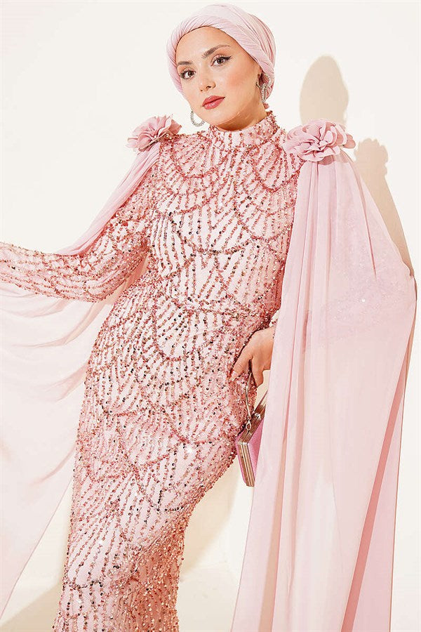 Powder Pink Sequin Evening Dress with Rose Accessories