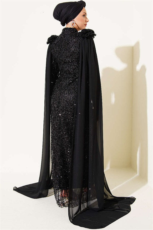 Black Sequin Evening Dress with Rose Accessory