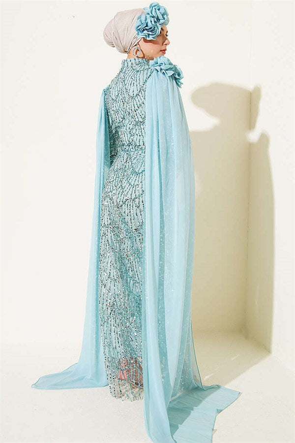 Sequined Evening Dress with Rose Accessories, Mint
