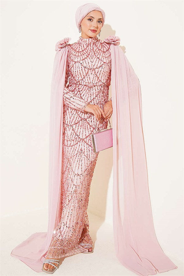 Powder Pink Sequin Evening Dress with Rose Accessories