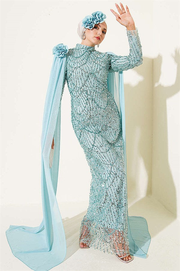 Sequined Evening Dress with Rose Accessories, Mint