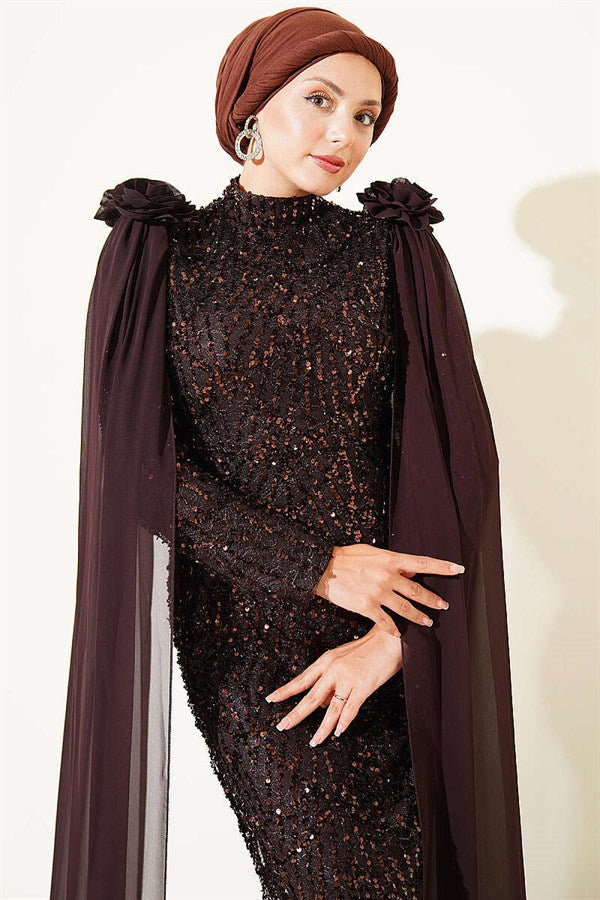 Rose Accessory Sequin Embellished Evening Dress in Brown