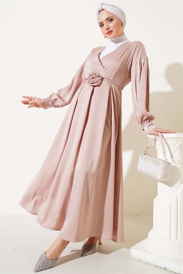 Satin Dress Beige with Rose Accessory