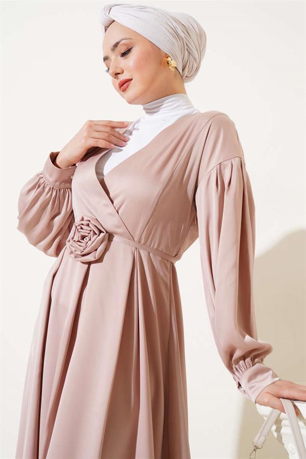 Satin Dress Beige with Rose Accessory