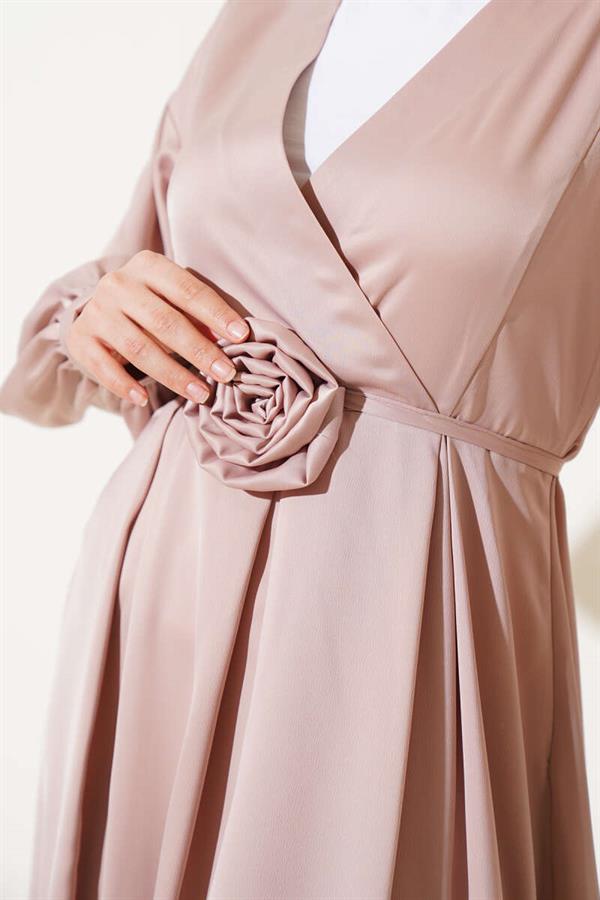 Satin Dress Beige with Rose Accessory