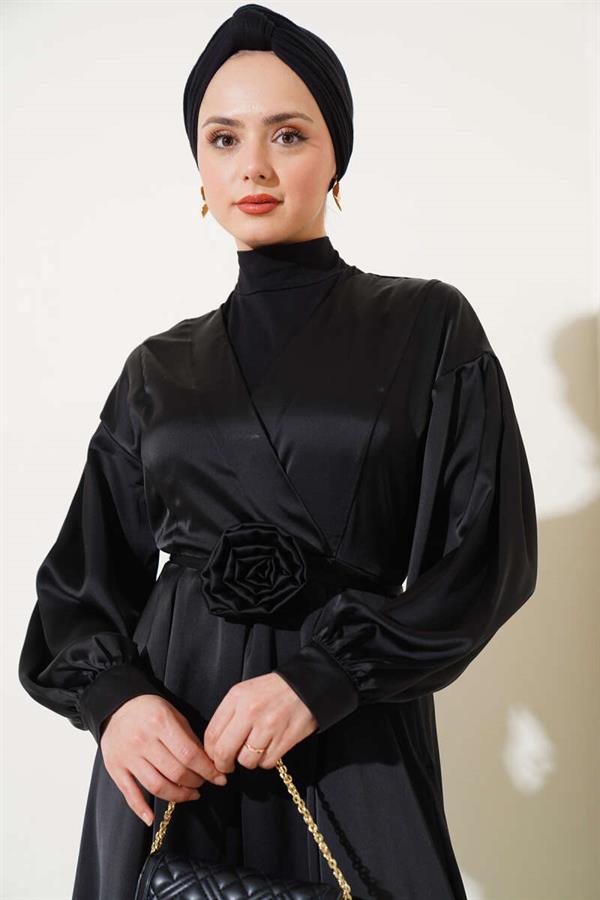 Satin Dress with Rose Accessory Black