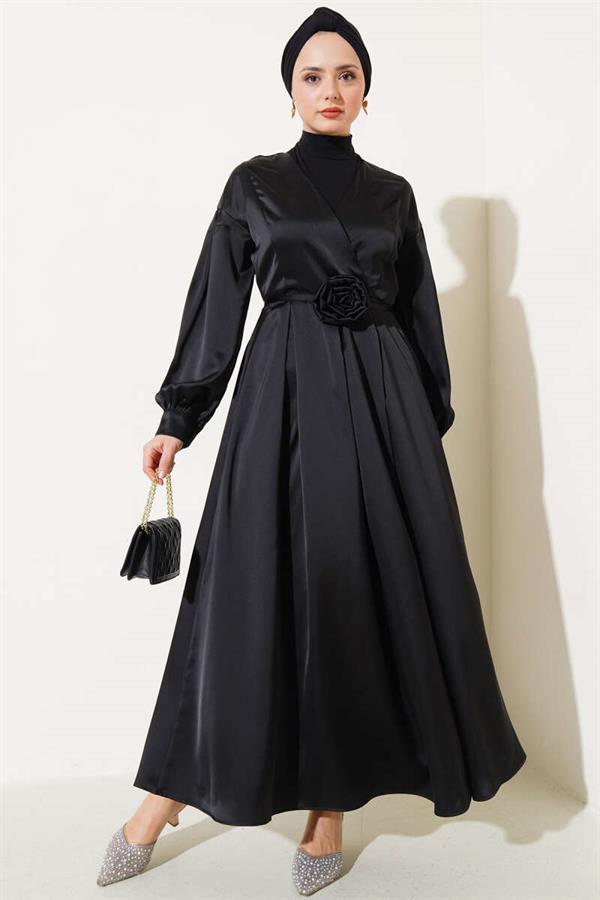 Satin Dress with Rose Accessory Black
