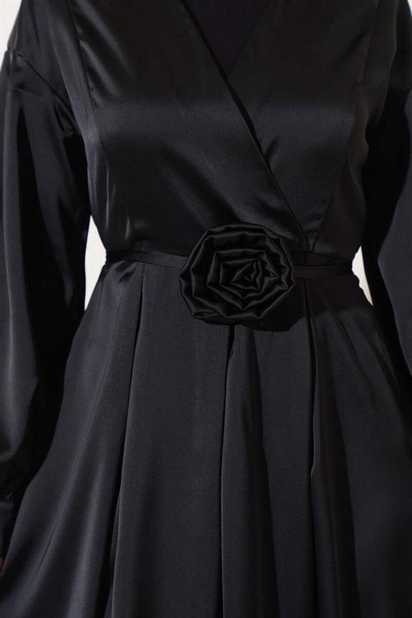 Satin Dress with Rose Accessory Black