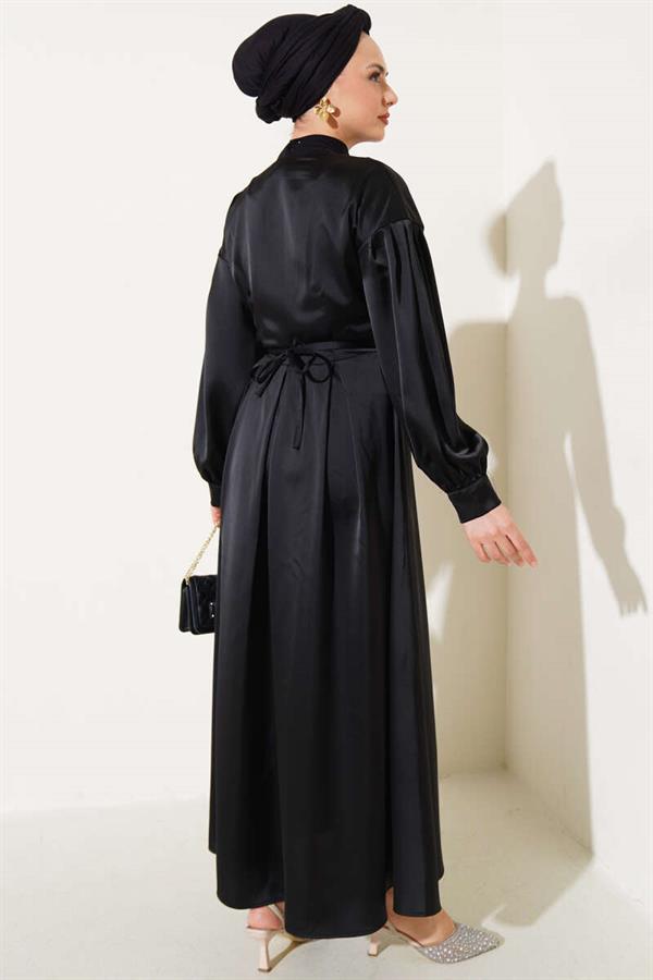 Satin Dress with Rose Accessory Black