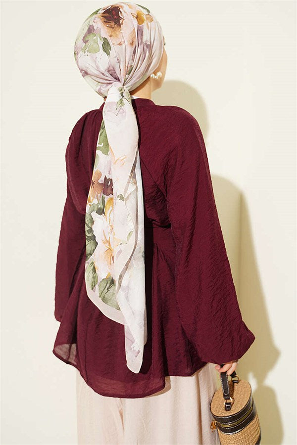 Burgundy Tunic with Rose Brooch and Belted Waist