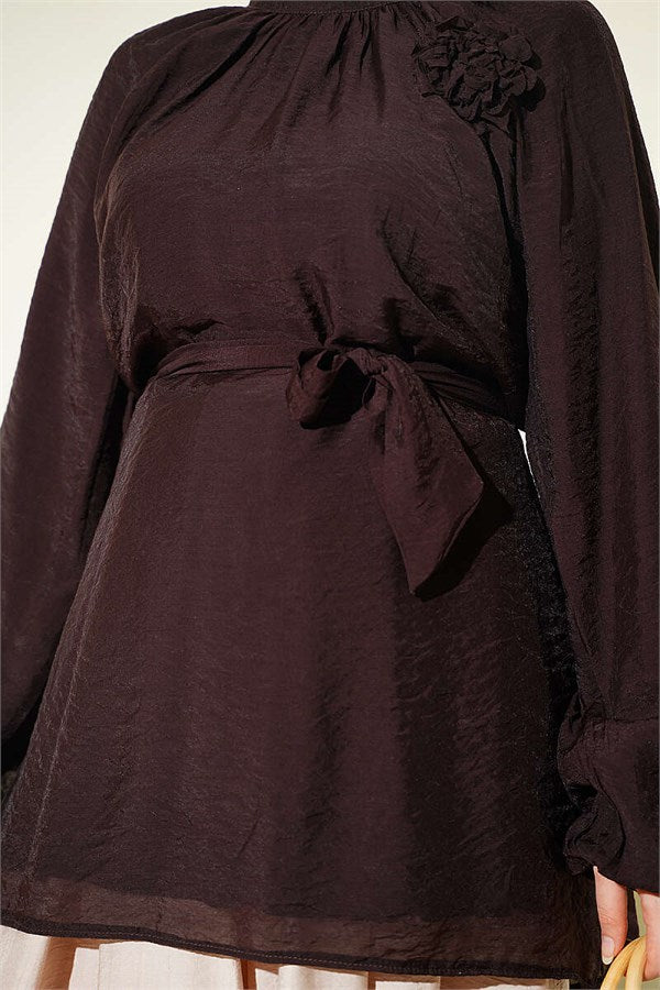 Rose Brooch Belted Tunic, Brown