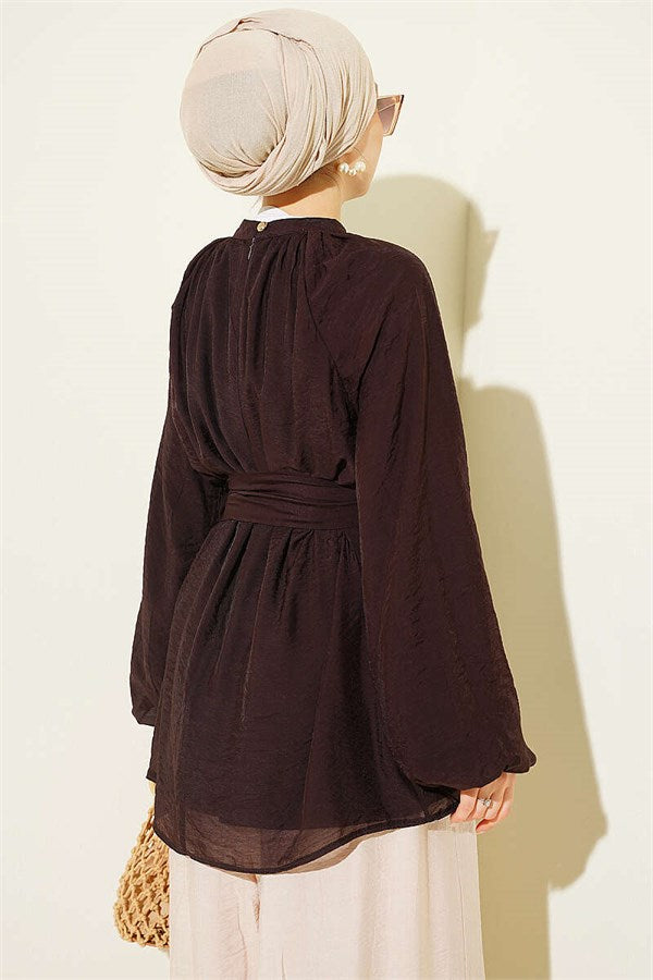 Rose Brooch Belted Tunic, Brown