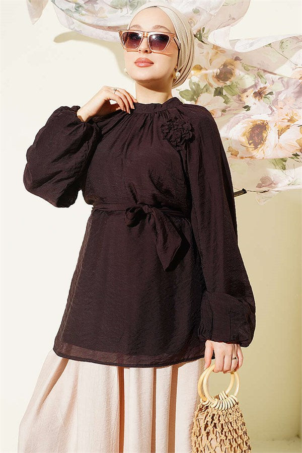 Rose Brooch Belted Tunic, Brown