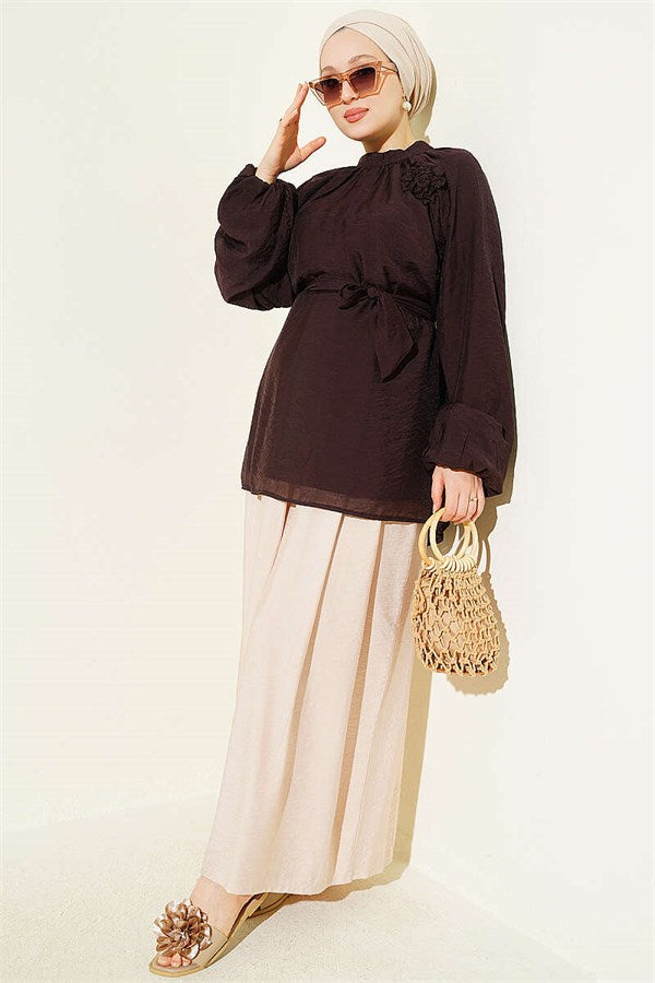 Rose Brooch Belted Tunic, Brown
