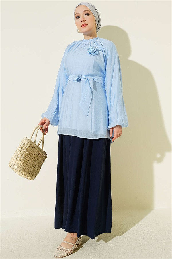 Blue Tunic with Rose Brooch and Waist Tie