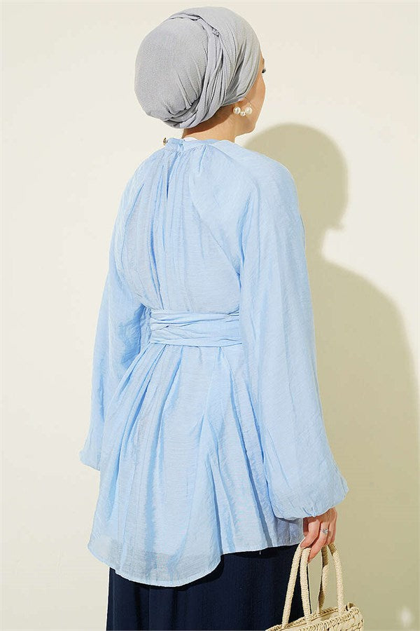 Blue Tunic with Rose Brooch and Waist Tie