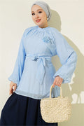 Blue Tunic with Rose Brooch and Waist Tie