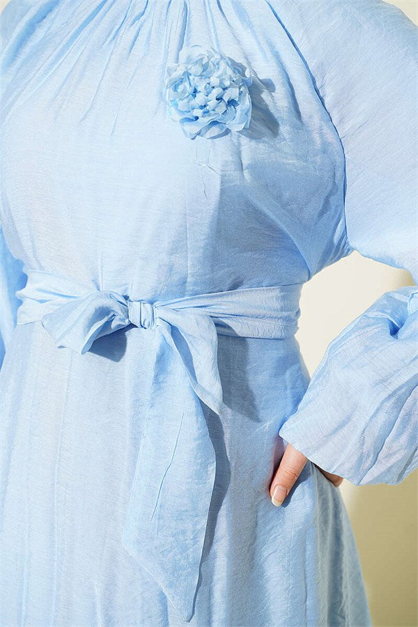Blue Tunic with Rose Brooch and Waist Tie