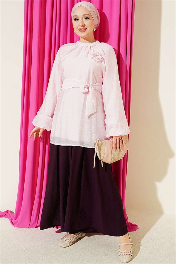 Pink Tunic with Rose Brooch and Waist Tie
