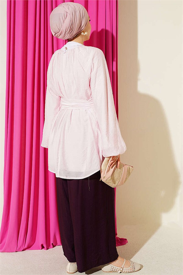 Pink Tunic with Rose Brooch and Waist Tie