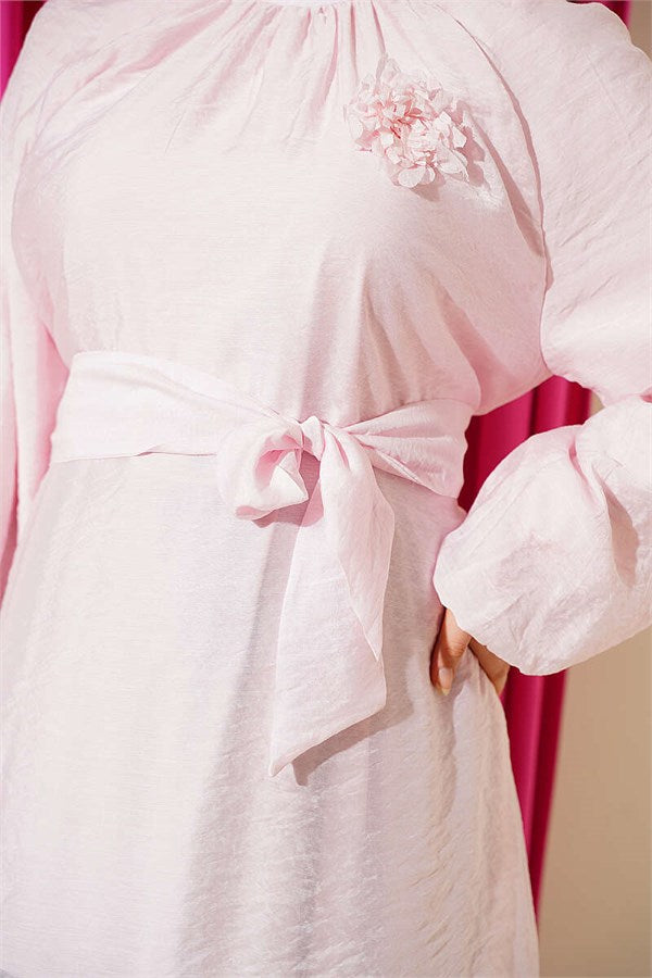 Pink Tunic with Rose Brooch and Waist Tie