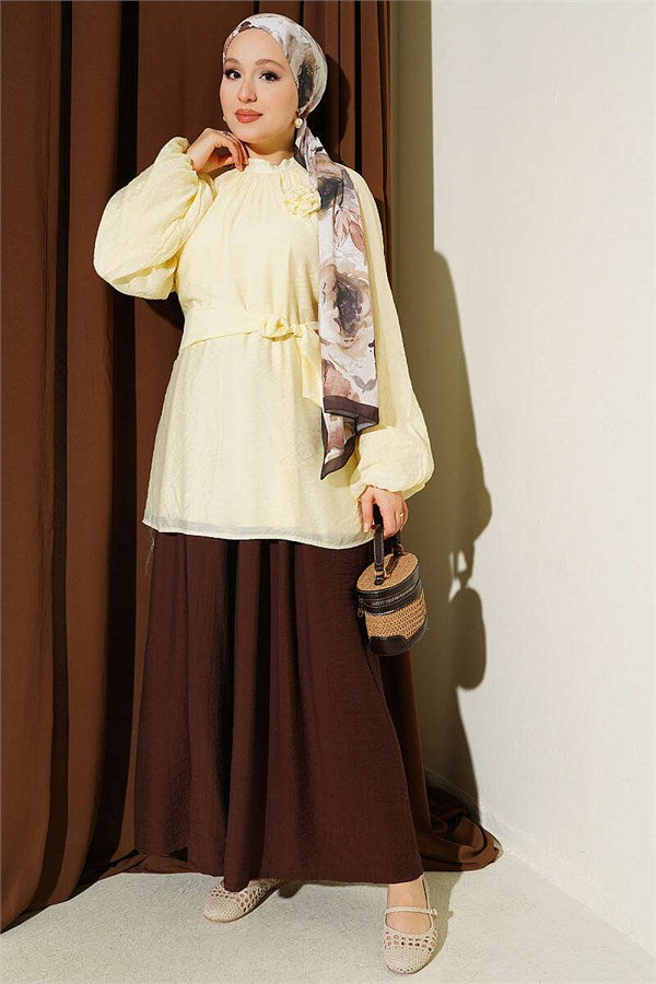 Yellow Tunic with Rose Brooch and Waist Tie