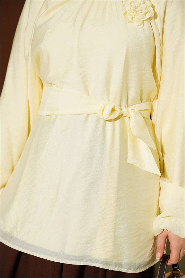 Yellow Tunic with Rose Brooch and Waist Tie